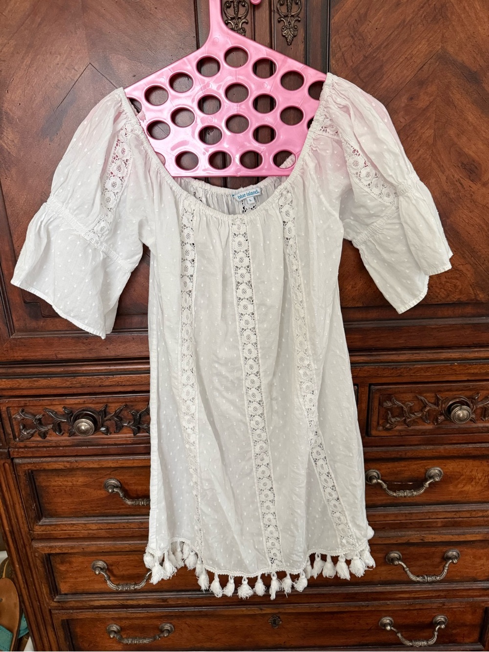 blue island White Eyelet Lace Tassel Dress